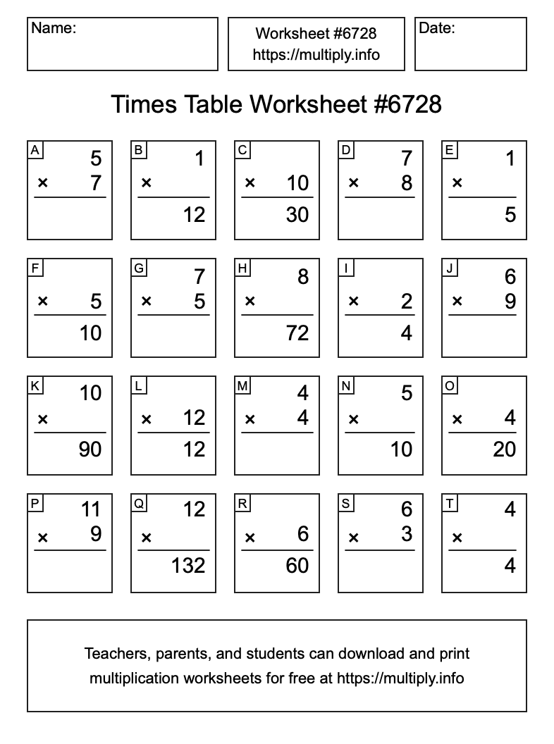 Times Table Worksheet #6728