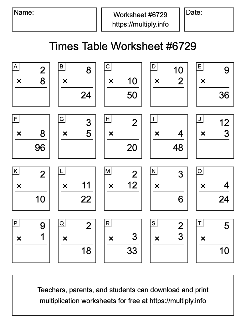 Times Table Worksheet #6729