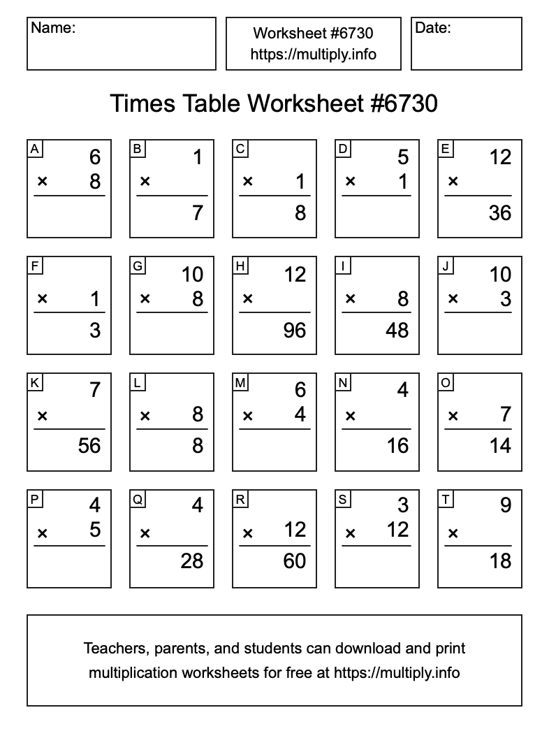 Times Table Worksheet #6730