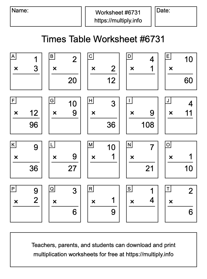 Times Table Worksheet #6731