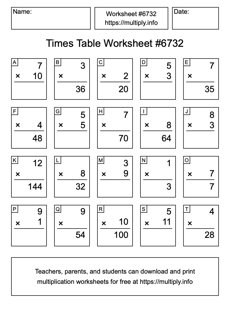 Times Table Worksheet #6732
