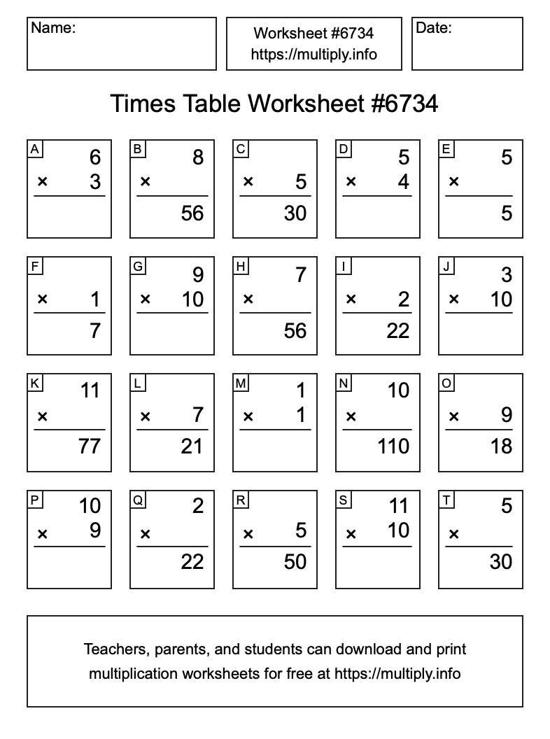 Times Table Worksheet #6734
