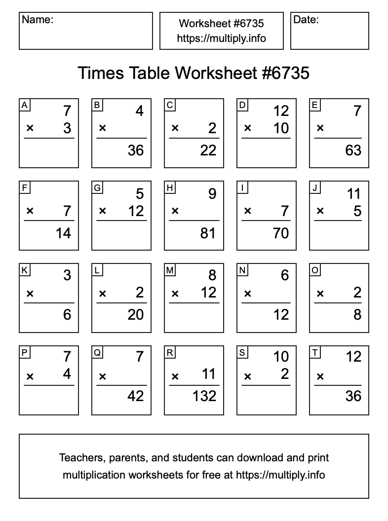 Times Table Worksheet #6735