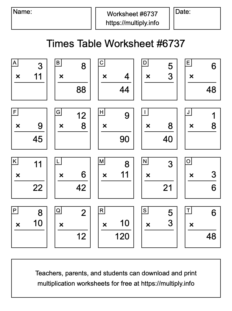 Times Table Worksheet #6737