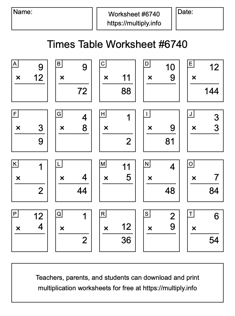 Times Table Worksheet #6740
