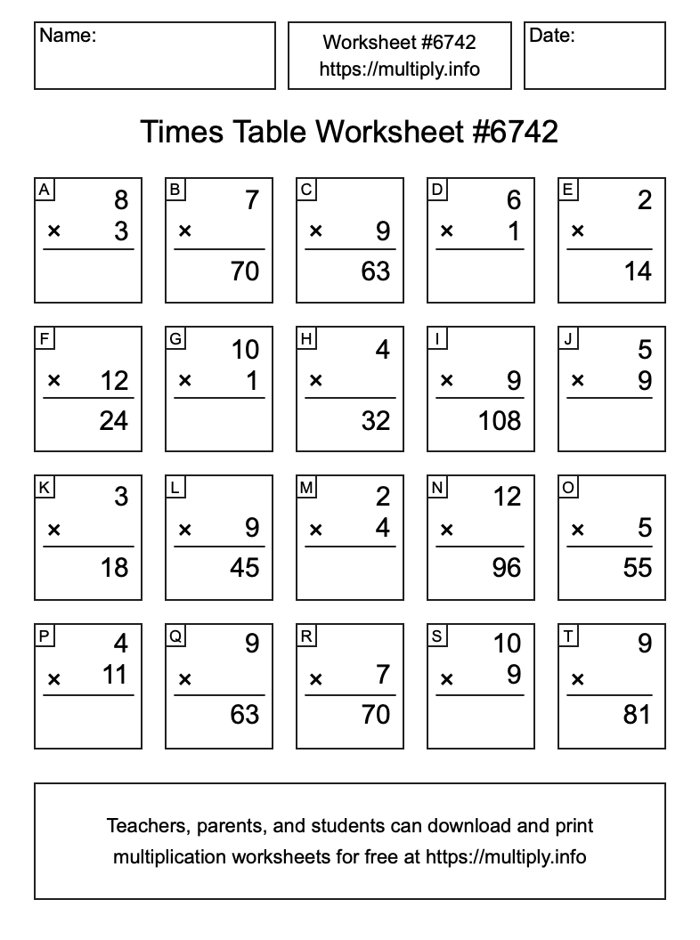 Times Table Worksheet #6742