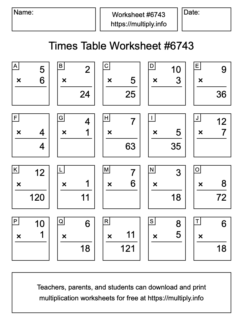 Times Table Worksheet #6743