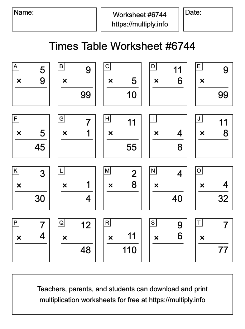 Times Table Worksheet #6744