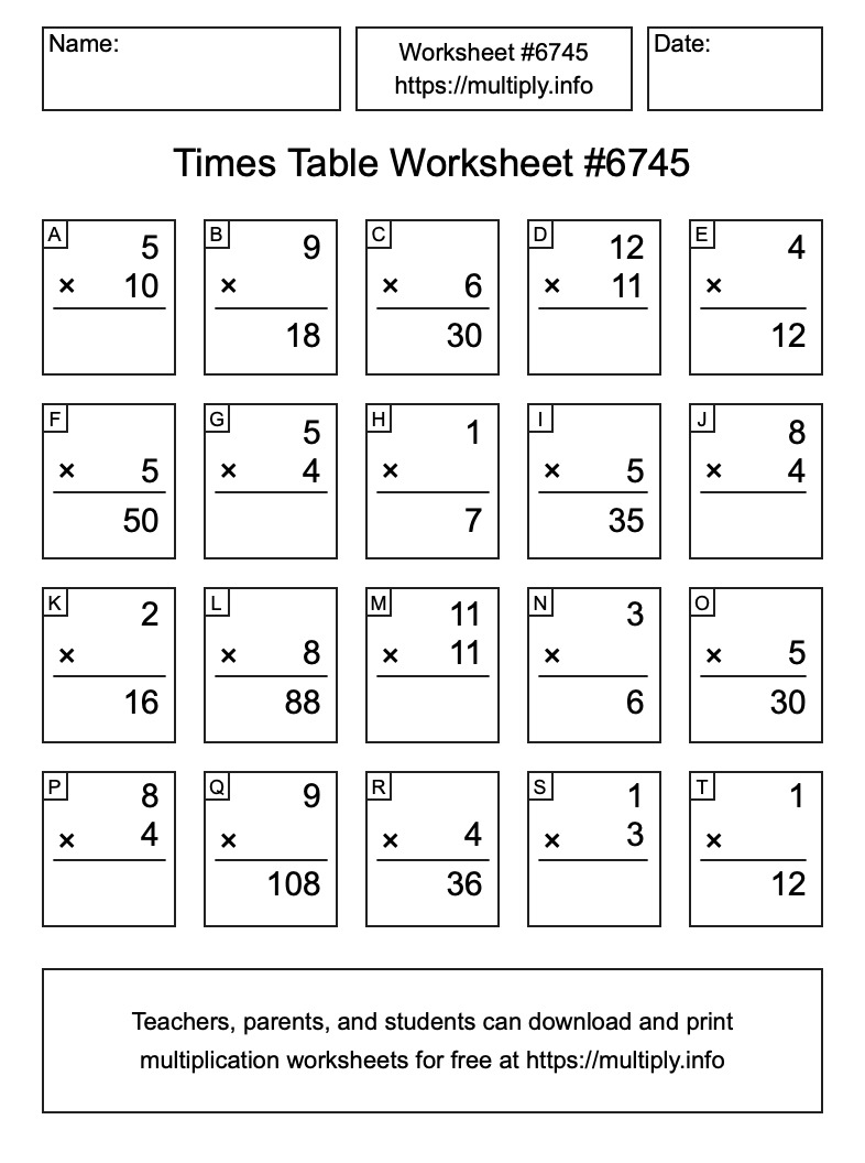 Times Table Worksheet #6745