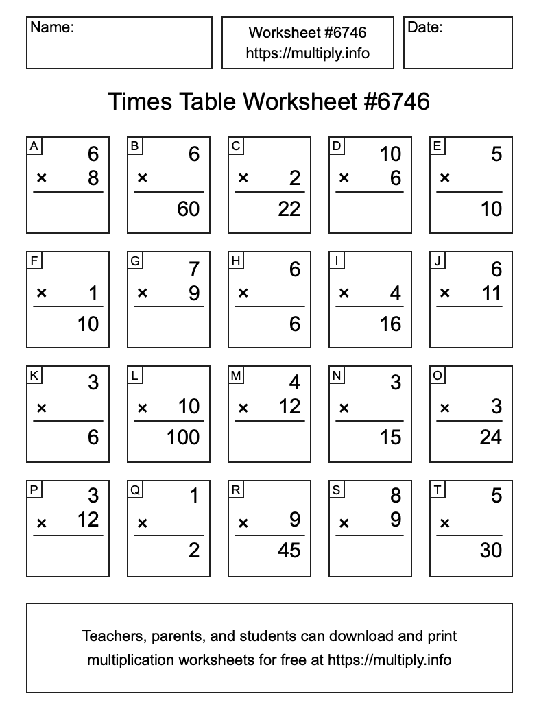 Times Table Worksheet #6746