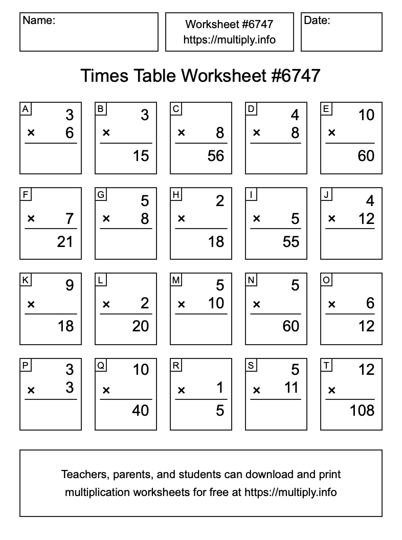 Times Table Worksheet #6747
