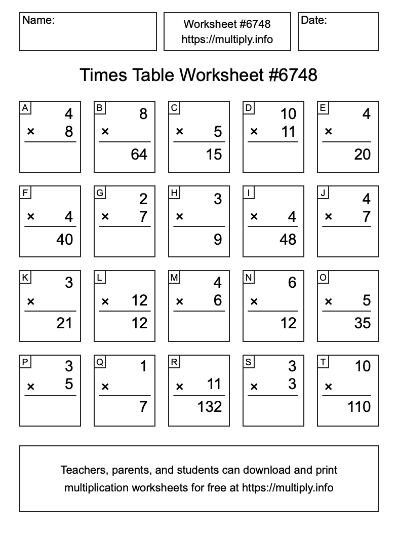 Times Table Worksheet #6748