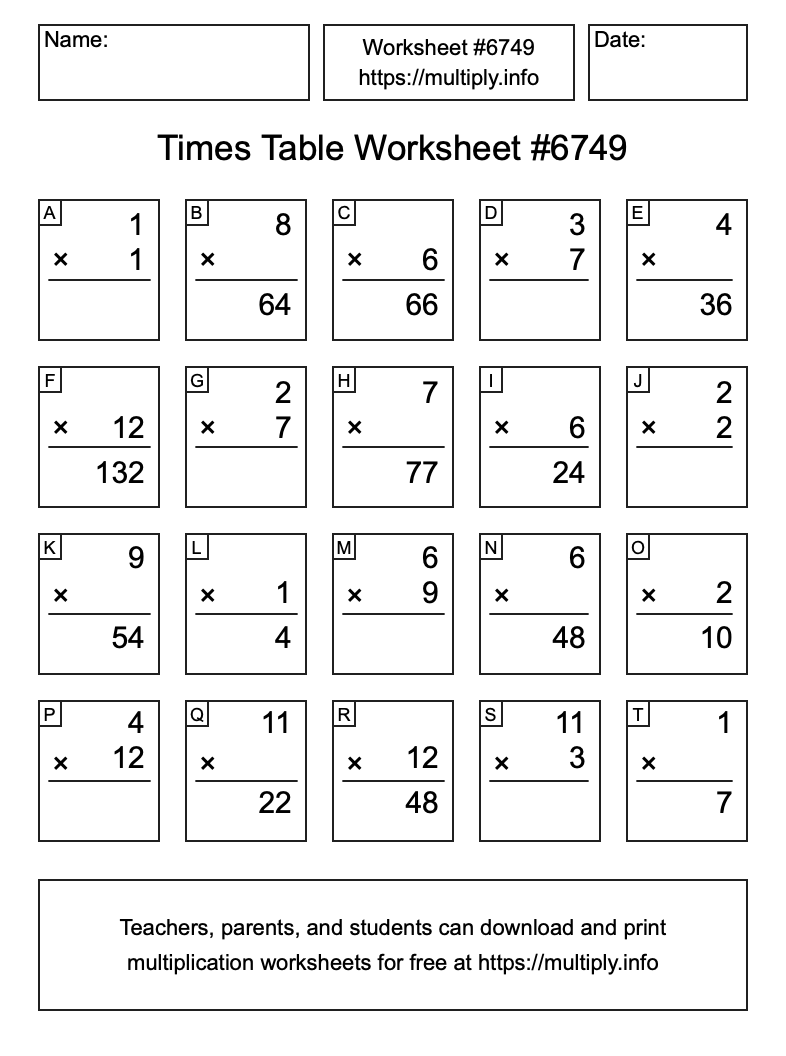 Times Table Worksheet #6749