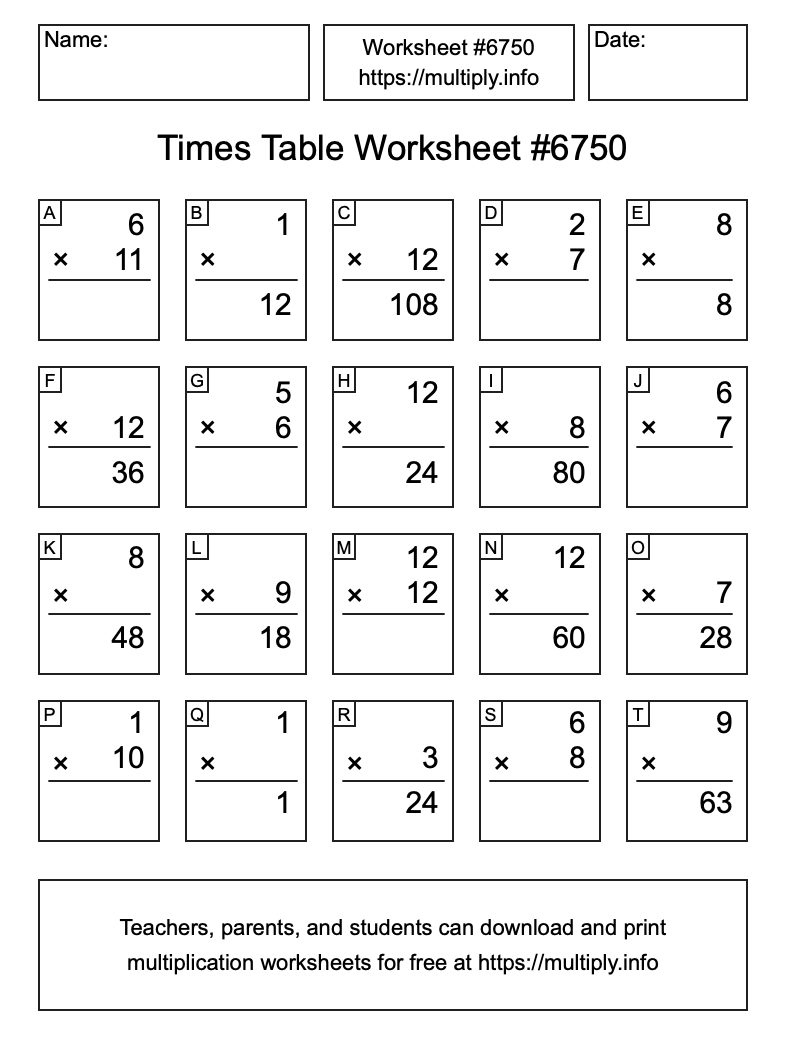 Times Table Worksheet #6750