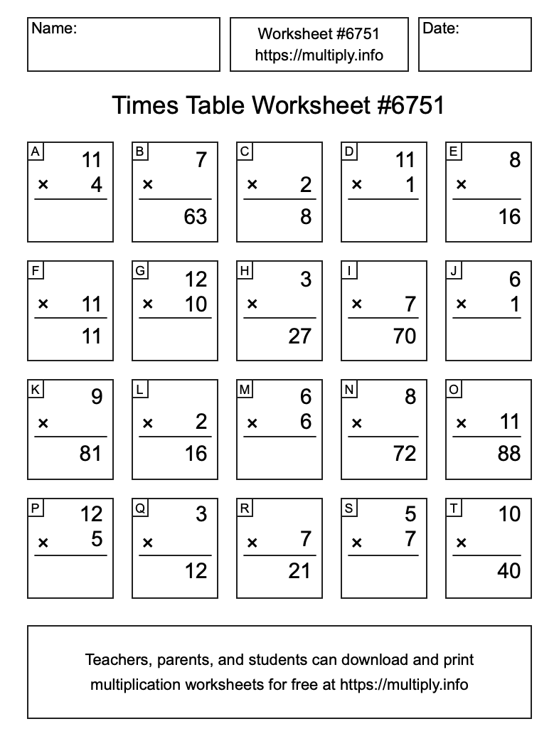 Times Table Worksheet #6751