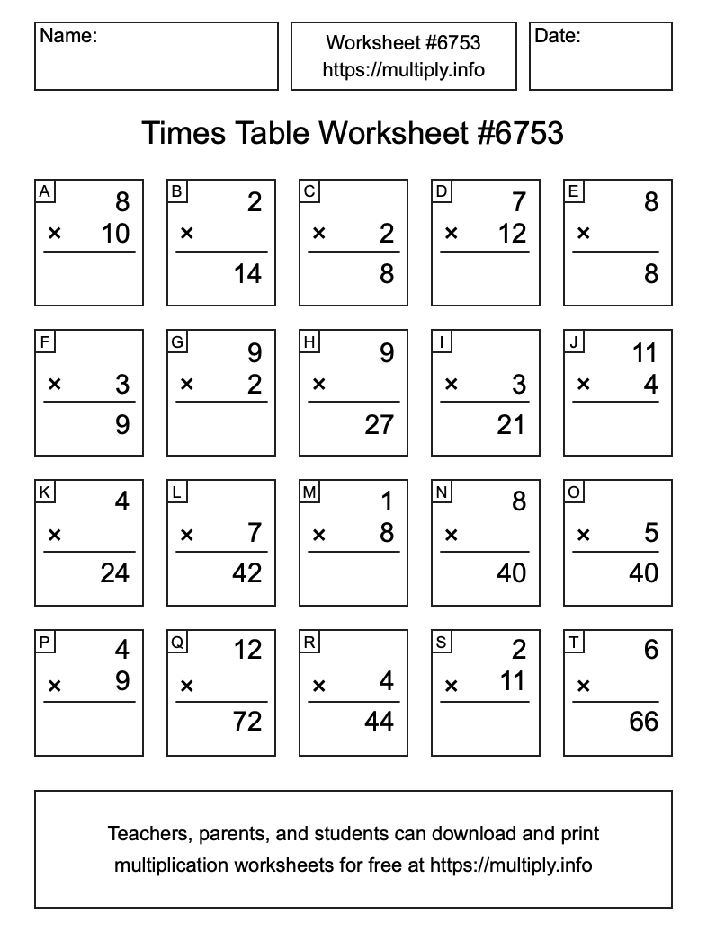 Times Table Worksheet #6753
