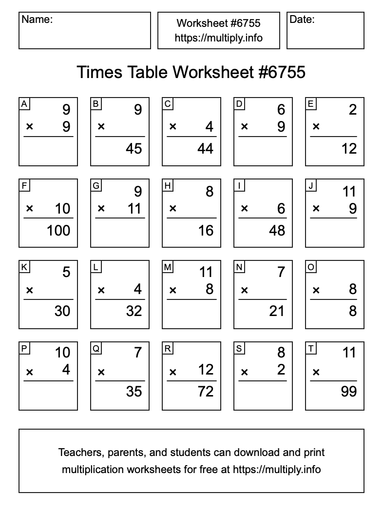 Times Table Worksheet #6755