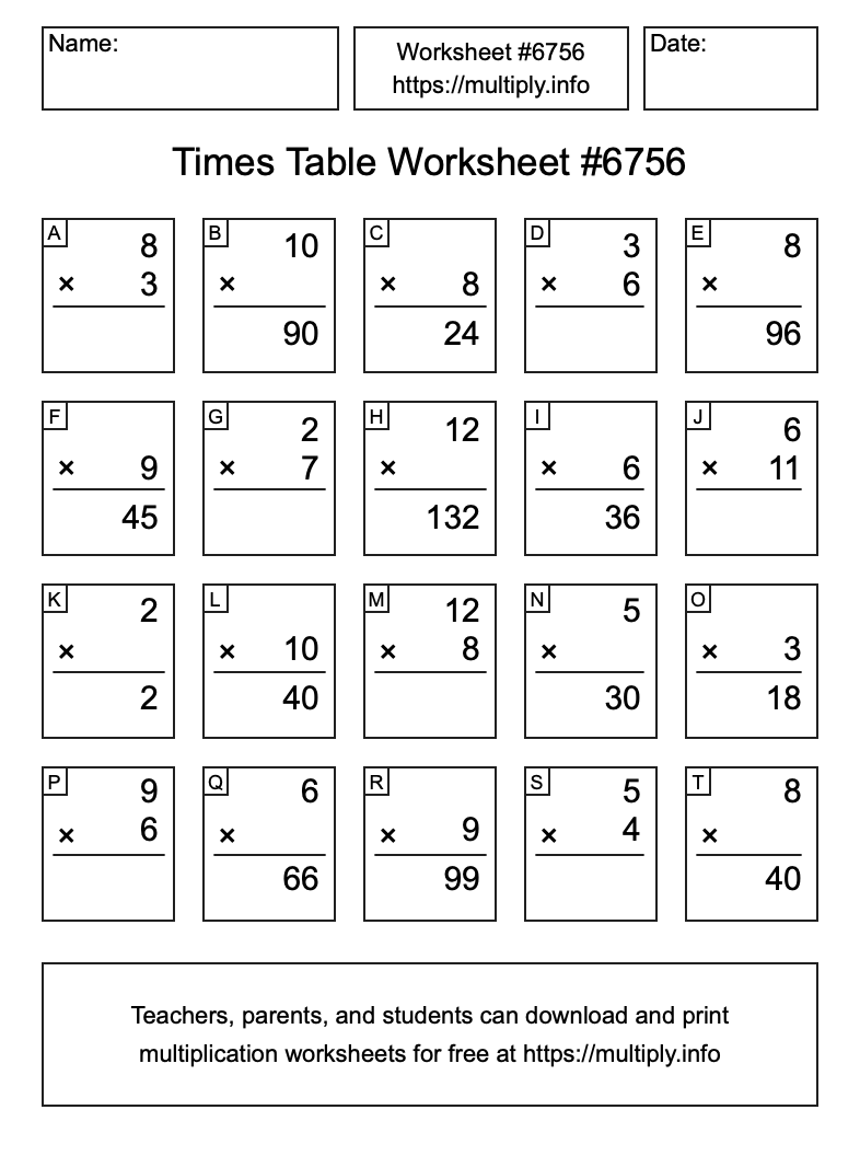 Times Table Worksheet #6756