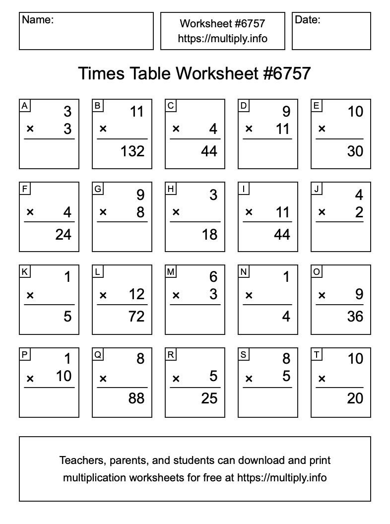 Times Table Worksheet #6757