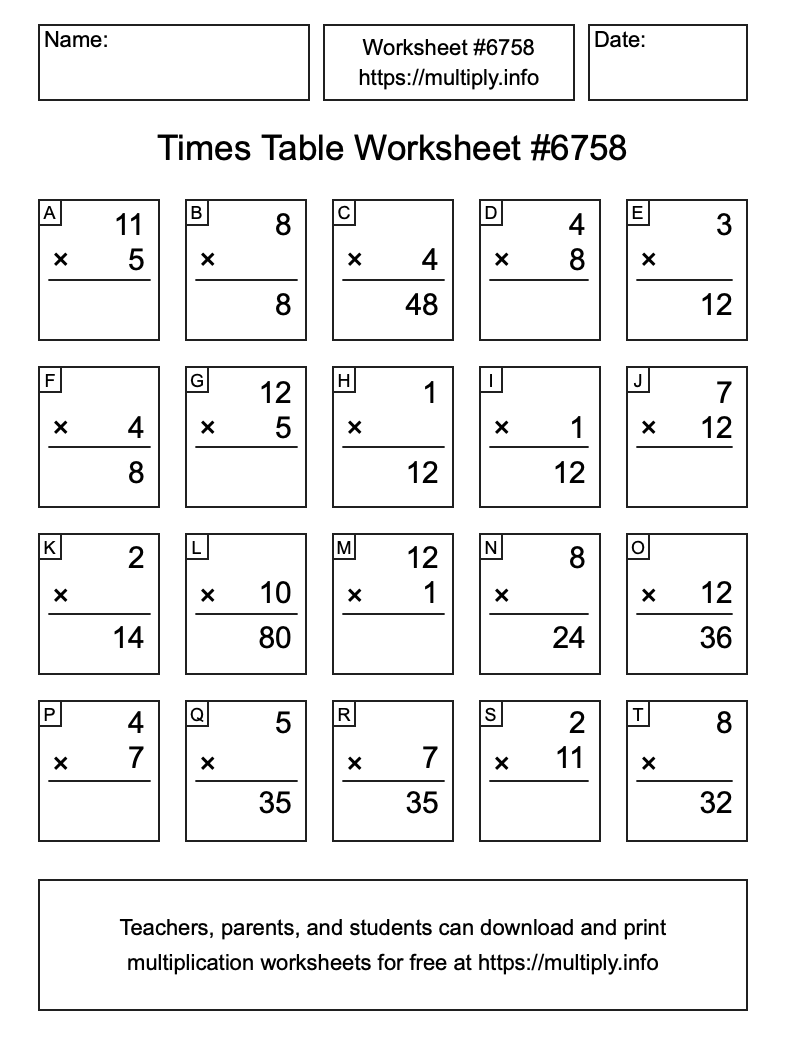 Times Table Worksheet #6758