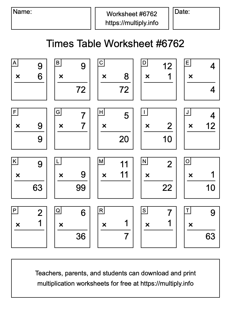 Times Table Worksheet #6762