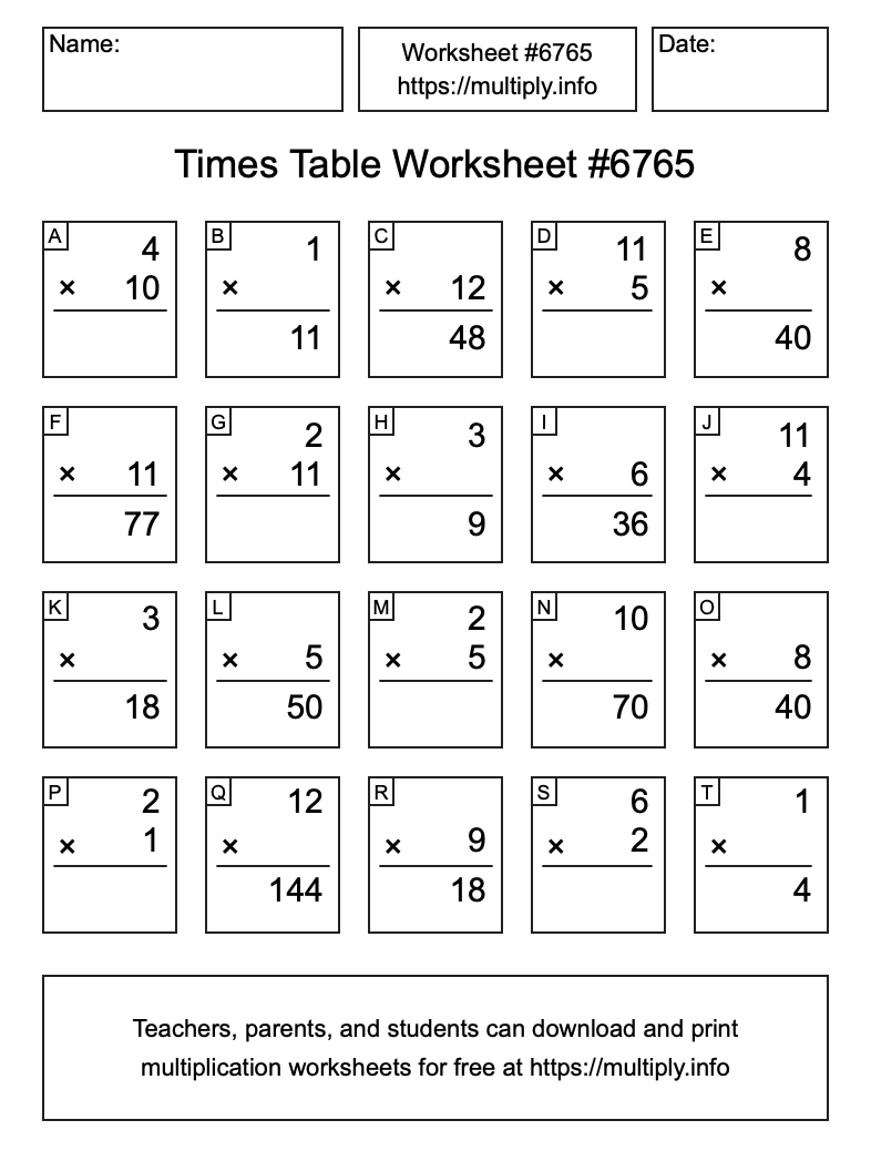 Times Table Worksheet #6765