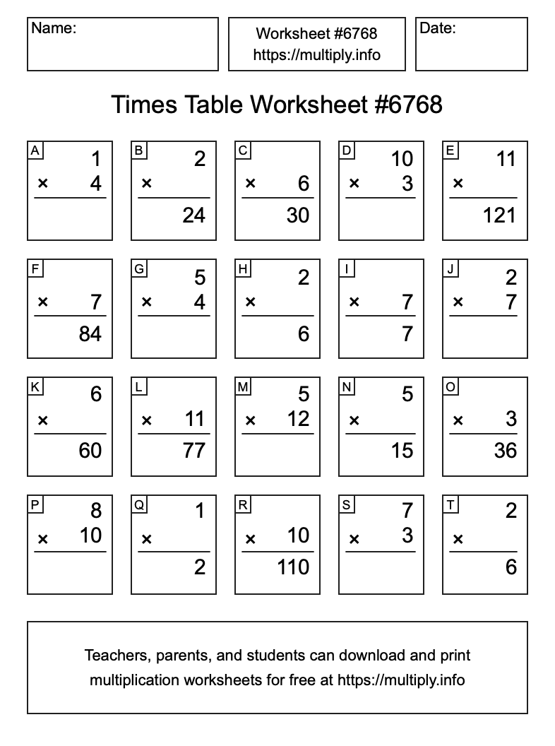 Times Table Worksheet #6768