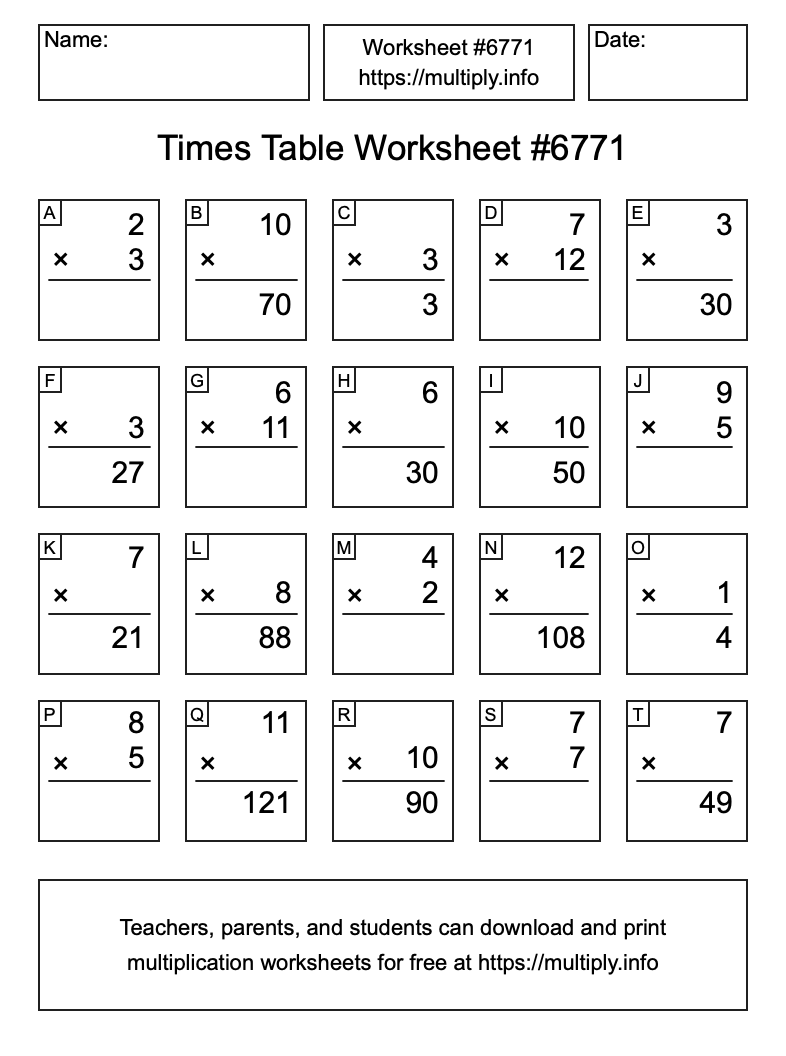 Times Table Worksheet #6771