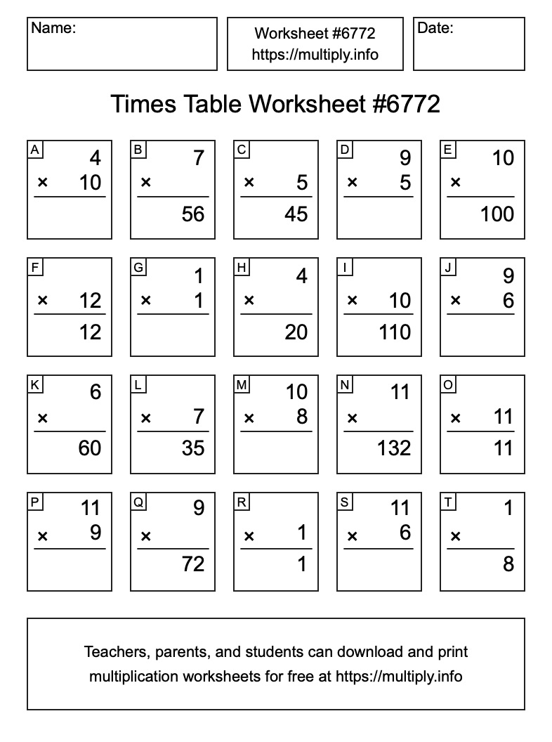 Times Table Worksheet #6772