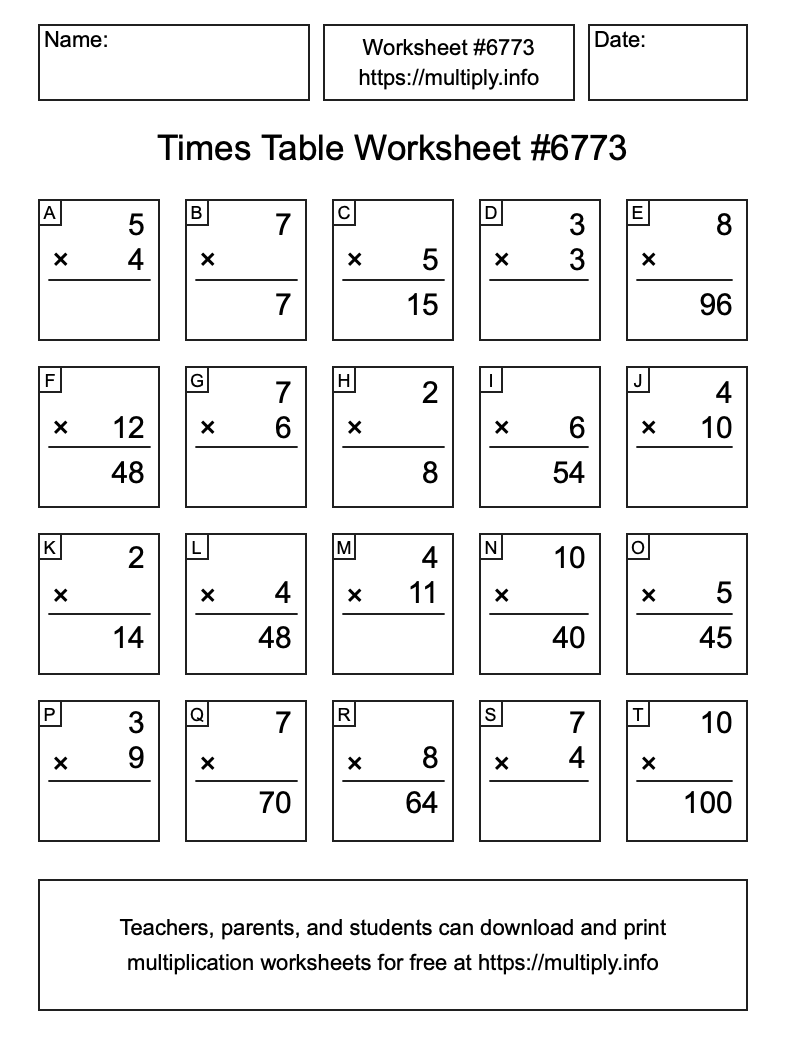 Times Table Worksheet #6773