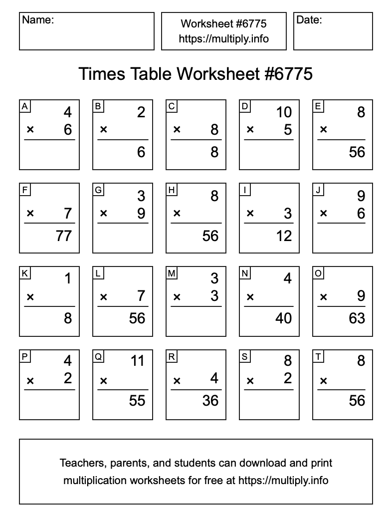 Times Table Worksheet #6775