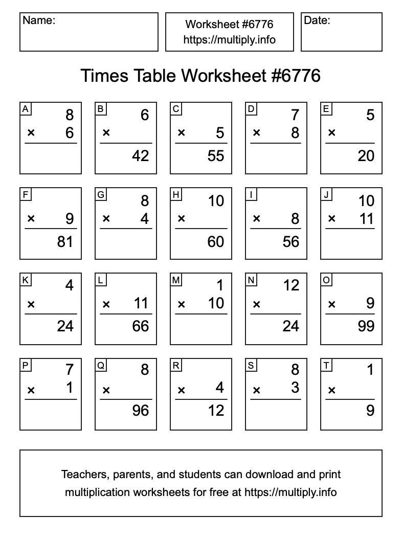 Times Table Worksheet #6776