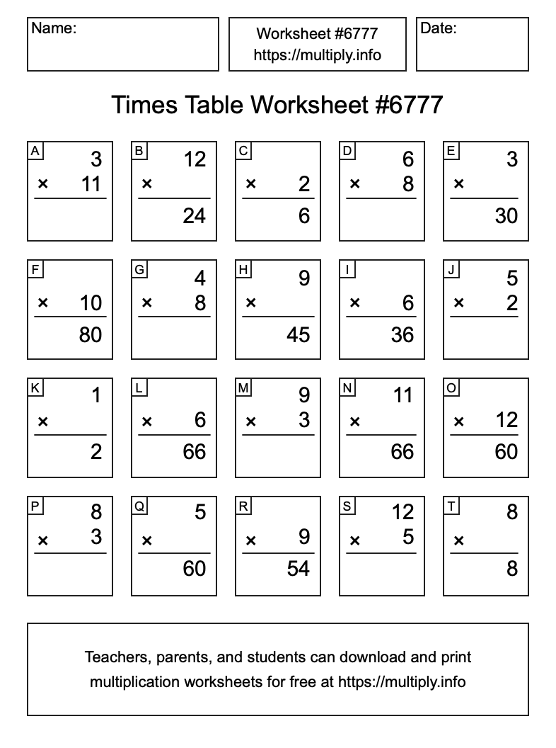 Times Table Worksheet #6777