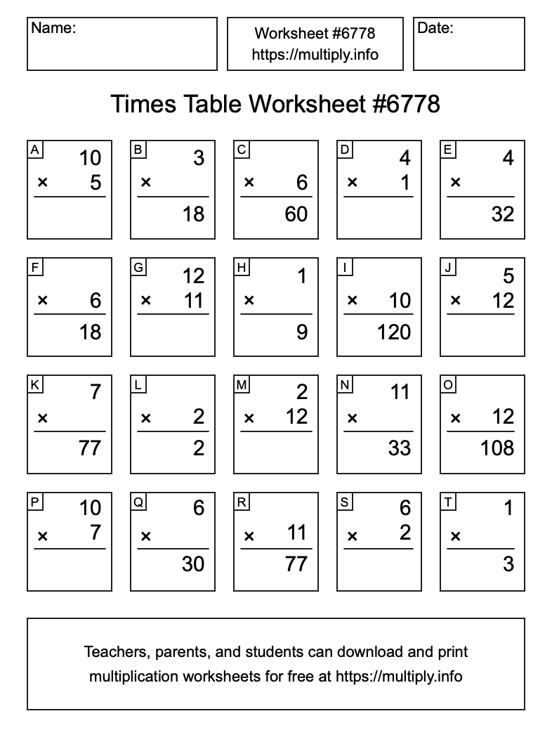 Times Table Worksheet #6778