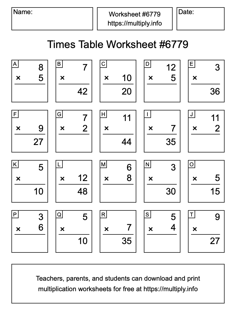 Times Table Worksheet #6779