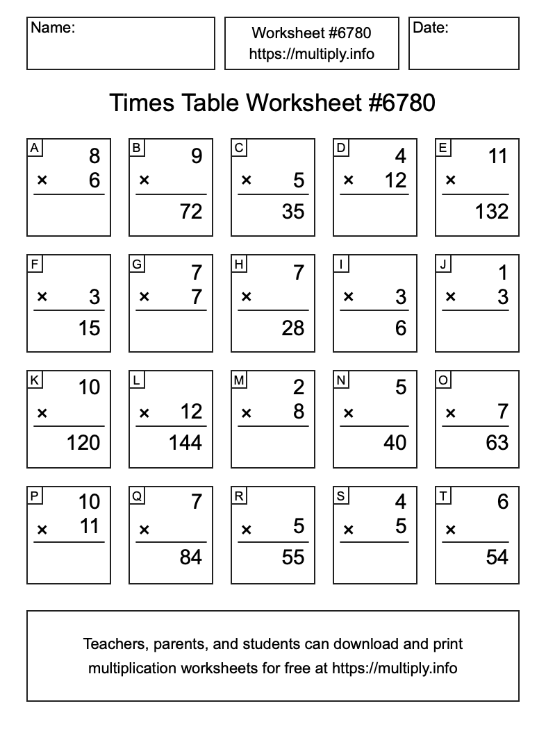 Times Table Worksheet #6780