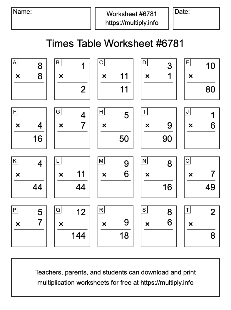 Times Table Worksheet #6781