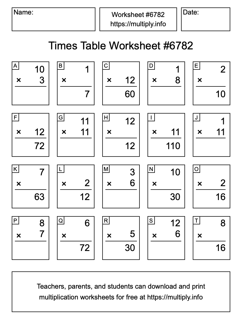 Times Table Worksheet #6782