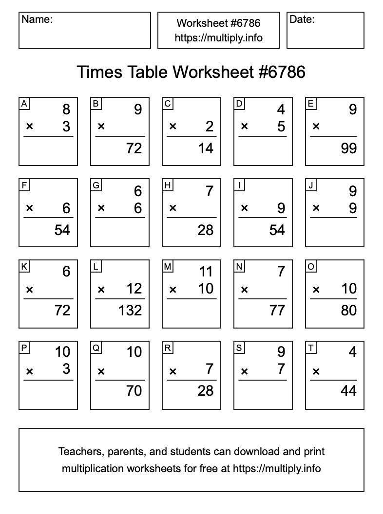 Times Table Worksheet #6786