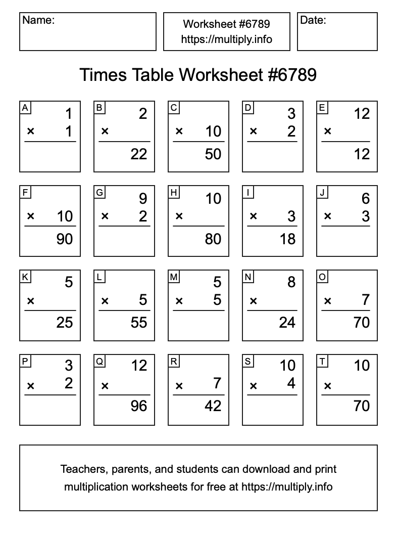Times Table Worksheet #6789