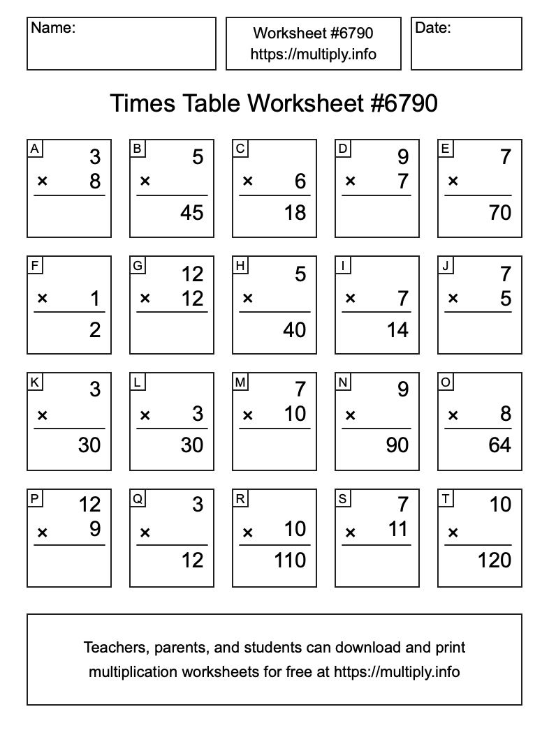 Times Table Worksheet #6790