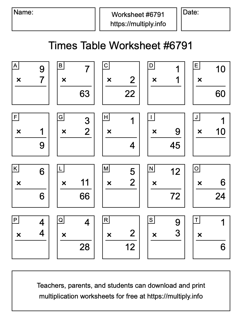Times Table Worksheet #6791