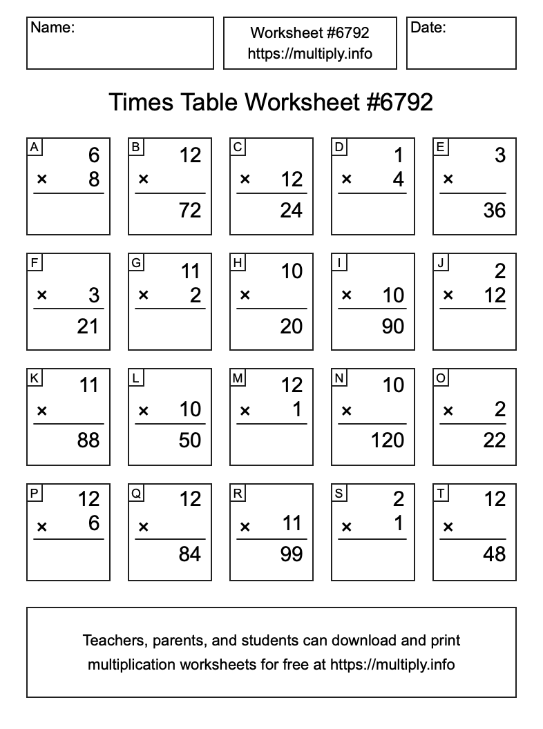 Times Table Worksheet #6792