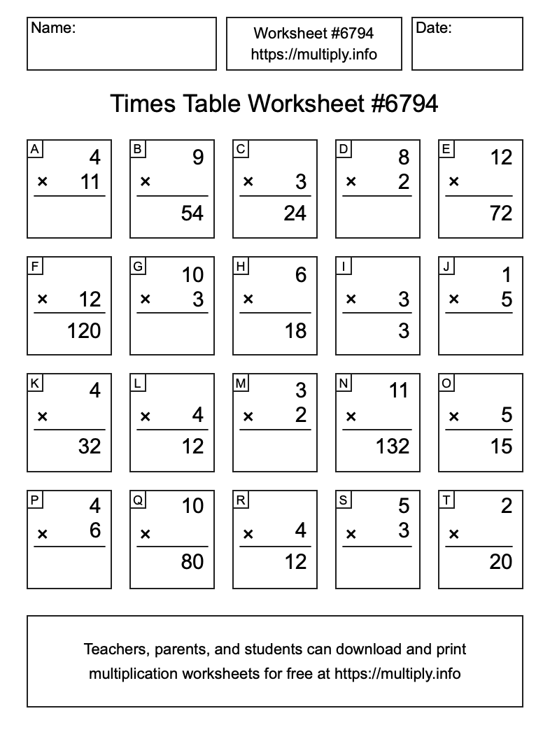 Times Table Worksheet #6794