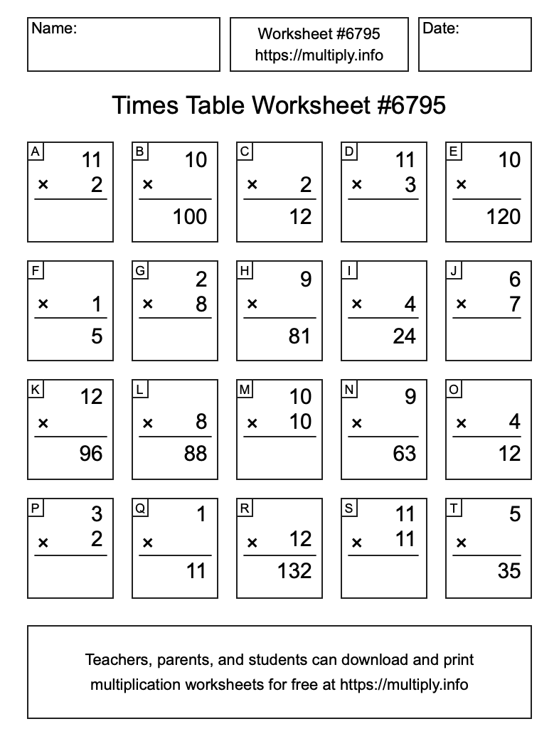 Times Table Worksheet #6795