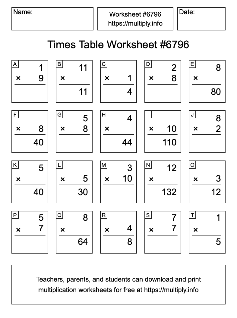 Times Table Worksheet #6796