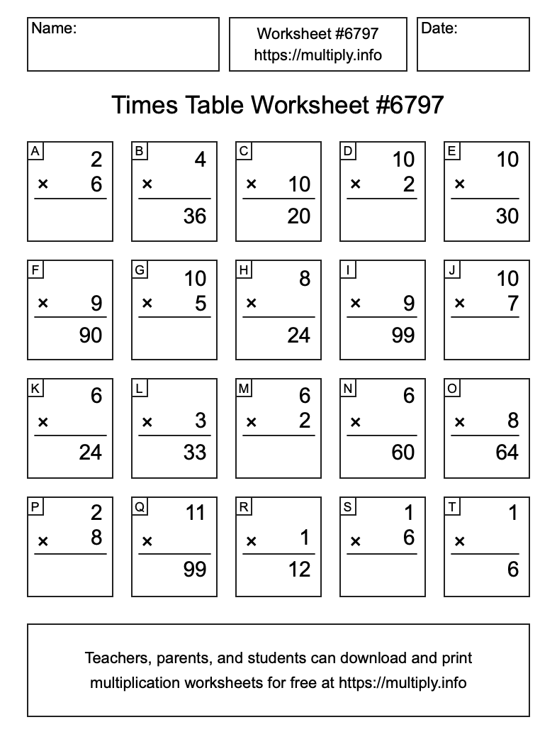 Times Table Worksheet #6797