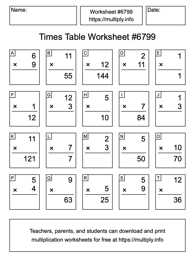 Times Table Worksheet #6799