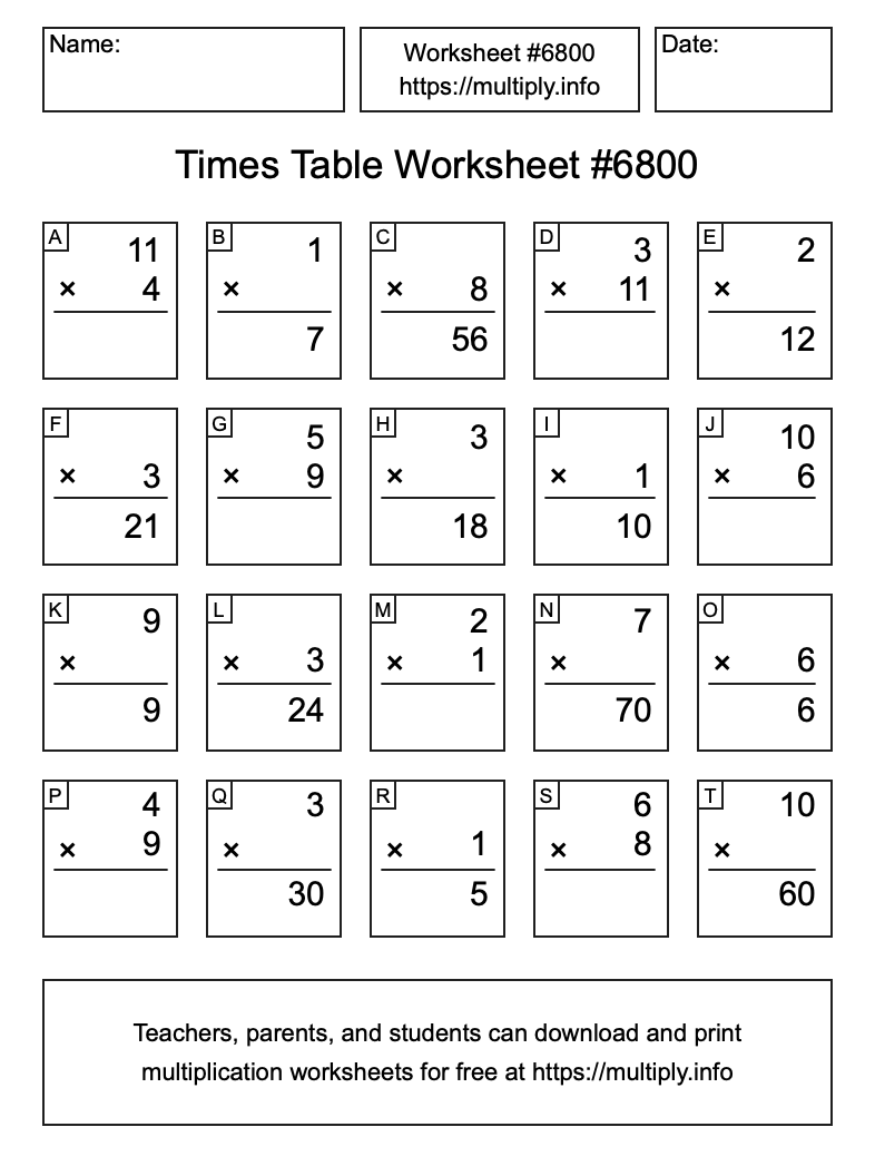 Times Table Worksheet #6800