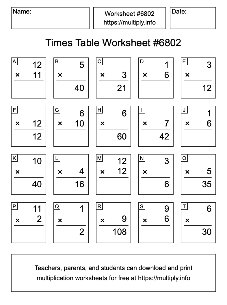 Times Table Worksheet #6802